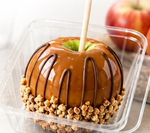 A caramel-dipped apple with chocolate drizzle and a toffee crumble base, boxed and ready to serve